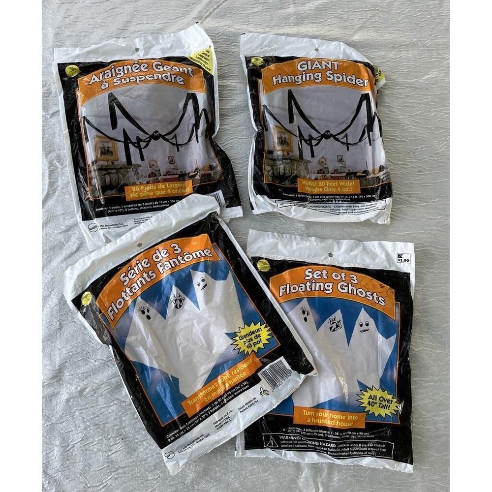 Vintage Sun Hill Halloween Giant Hanging Spider & Floating Ghosts Lot 4pk NEW